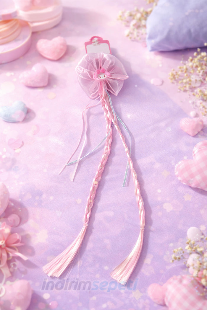 Kuromi Figürlü Örgülü Saç Tokası – Çocuklar İçin Pembe Uzun Saç Aksesuarı