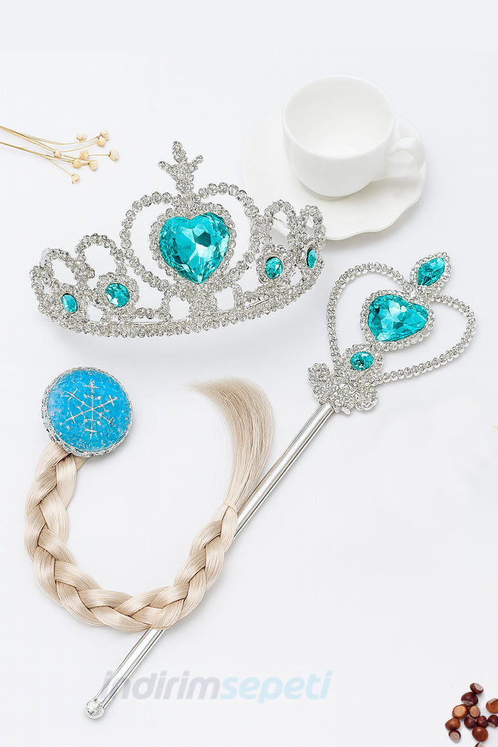 Çocuk Frozen Elsa Asa, Taç ve Örgü Saç 3’lü Set – Karlar Ülkesi Aksesuar