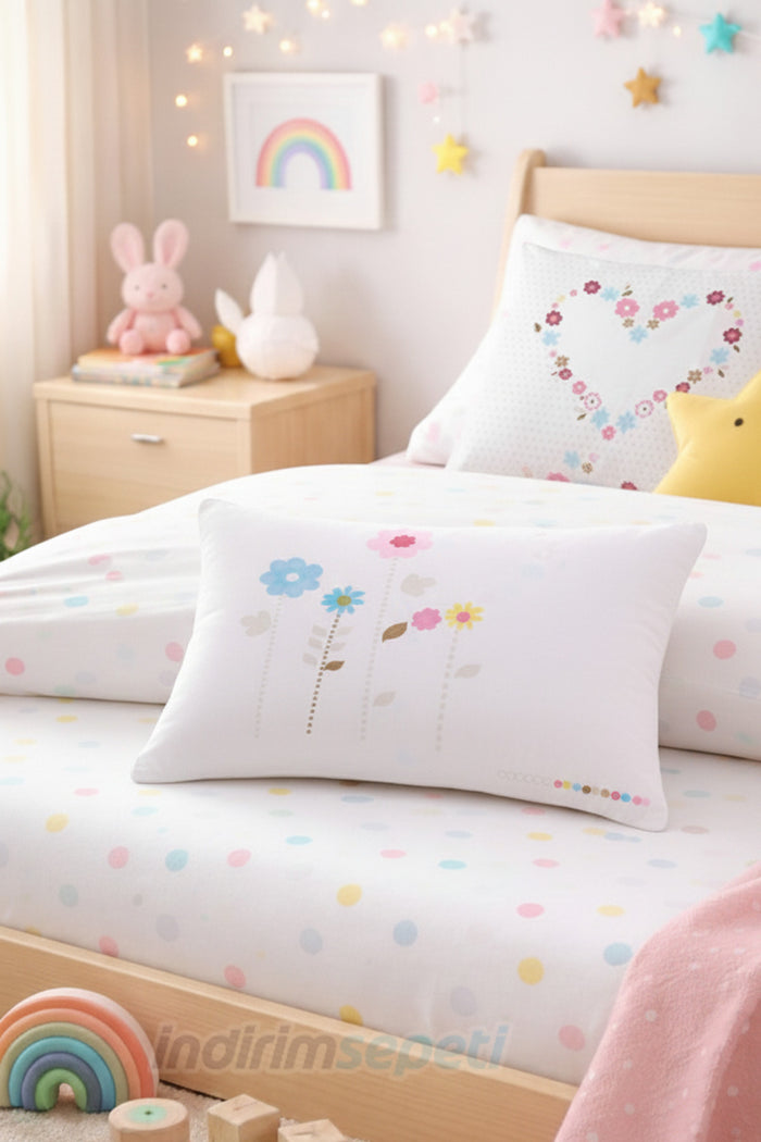Çiçek Kalpli Çocuk Yastık Kılıfı 47x36 cm | %100 Pamuklu, Çift Yön Desenli – 2 Adet