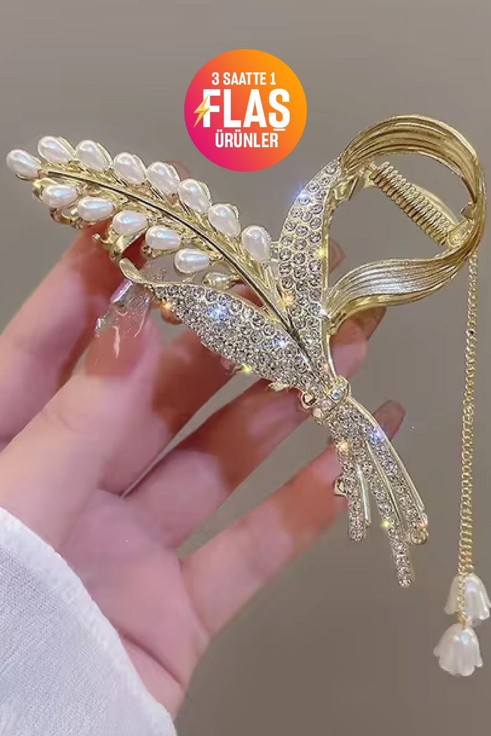 Metal Toka Trend Taşlı ve İncili Başak Model Gold Sallanan Toka 12 cm Büyük Boy - Indirimsepeti