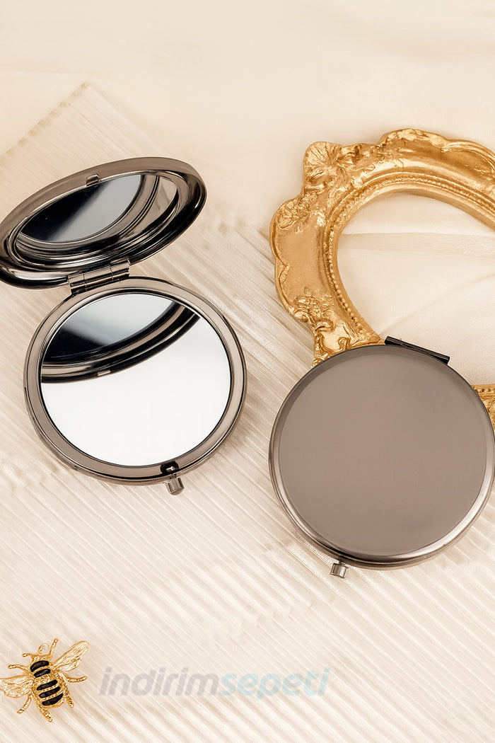 Makyaj Aynası Yuvarlak Çift Taraflı Cep Tipi Çanta İçi Taşınabilir Siyah Ayna Hediyelik Promosyon Katlanabilir