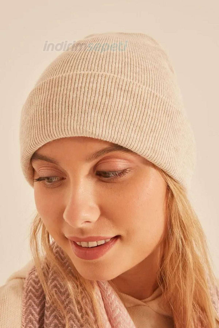 Bere Triko Örme Bay Bayan Katlamalı Sonbahar Kış Basic Krem - Indirimsepeti