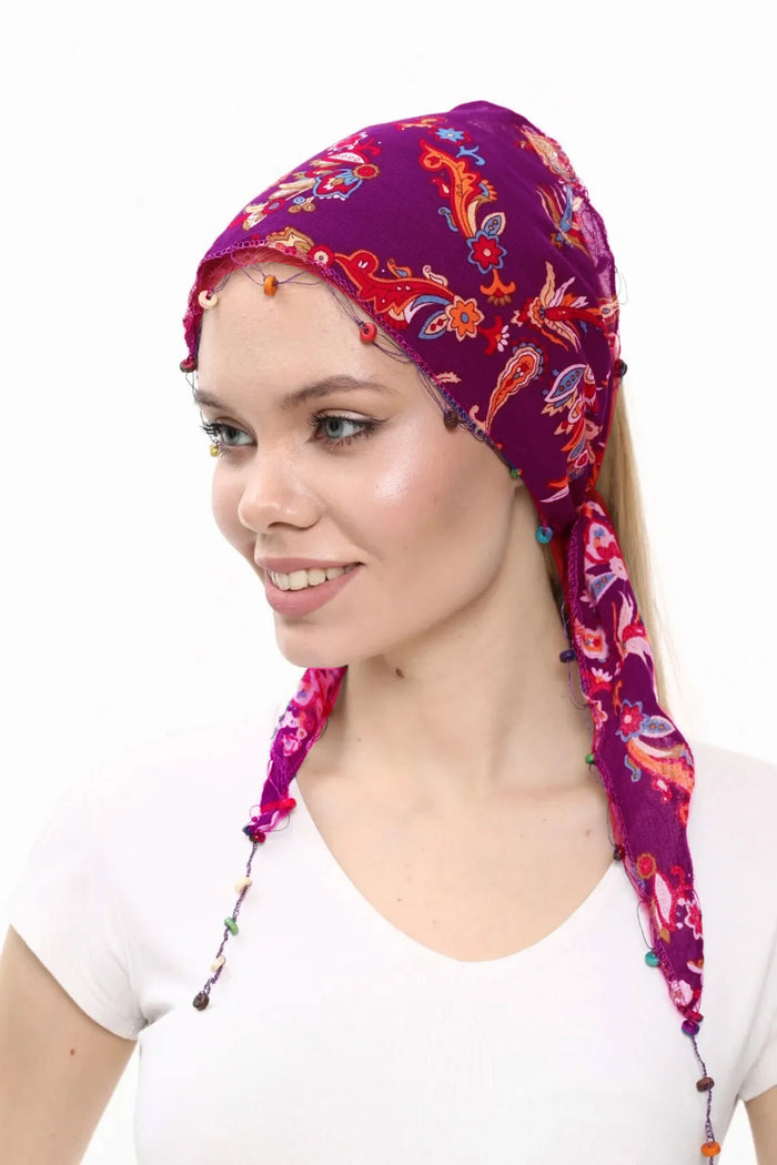 Fular Çiçek Desenli Pamuklu Kumaş Boncuklu Saç Bandı Saç Aksesuar Bordo - Indirimsepeti