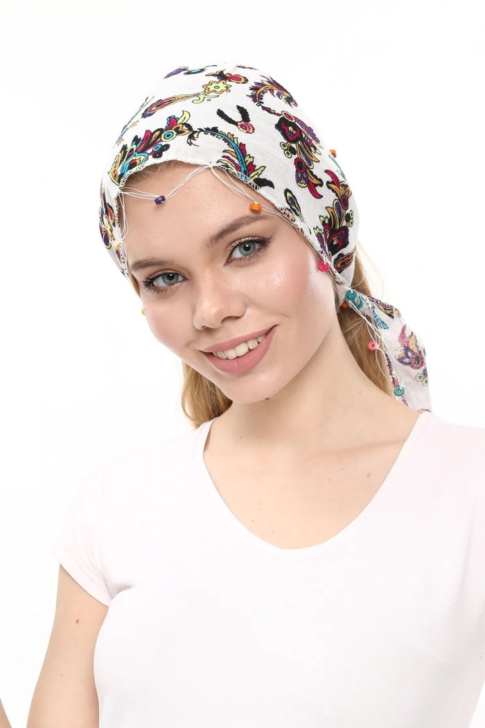 Fular Çiçek Desenli Pamuklu Kumaş Boncuklu Saç Bandı Saç Aksesuar Beyaz - Indirimsepeti