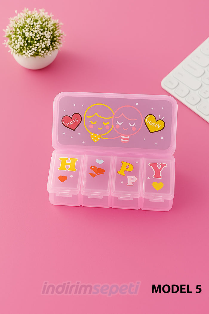 İlaç ve Takı Saklama Kutusu Sevimli 5 Bölmeli – Happy Tasarım (7×9×2 cm)