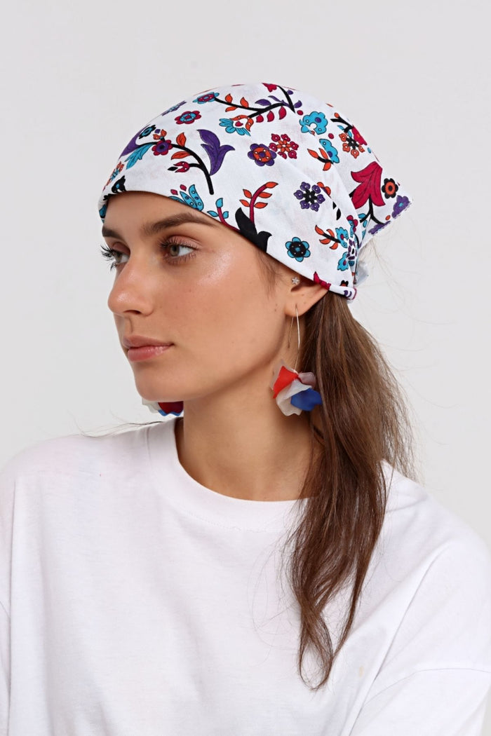 Bandana Çiçek Desenli %100 Pamuklu Saç Aksesuar Beyaz 52x52 cm - Indirimsepeti