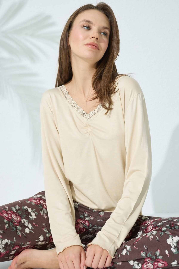 Pijama Takımı Bej Krem Çiçek Desenli Viskon Uzun Kollu - Indirimsepeti