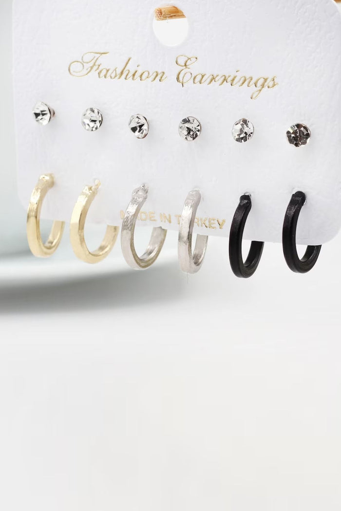 Küpe Set Halkalı Siyah Gold Silver 12 Adetli Kombin Altılı 6'lı Köşeli - Indirimsepeti