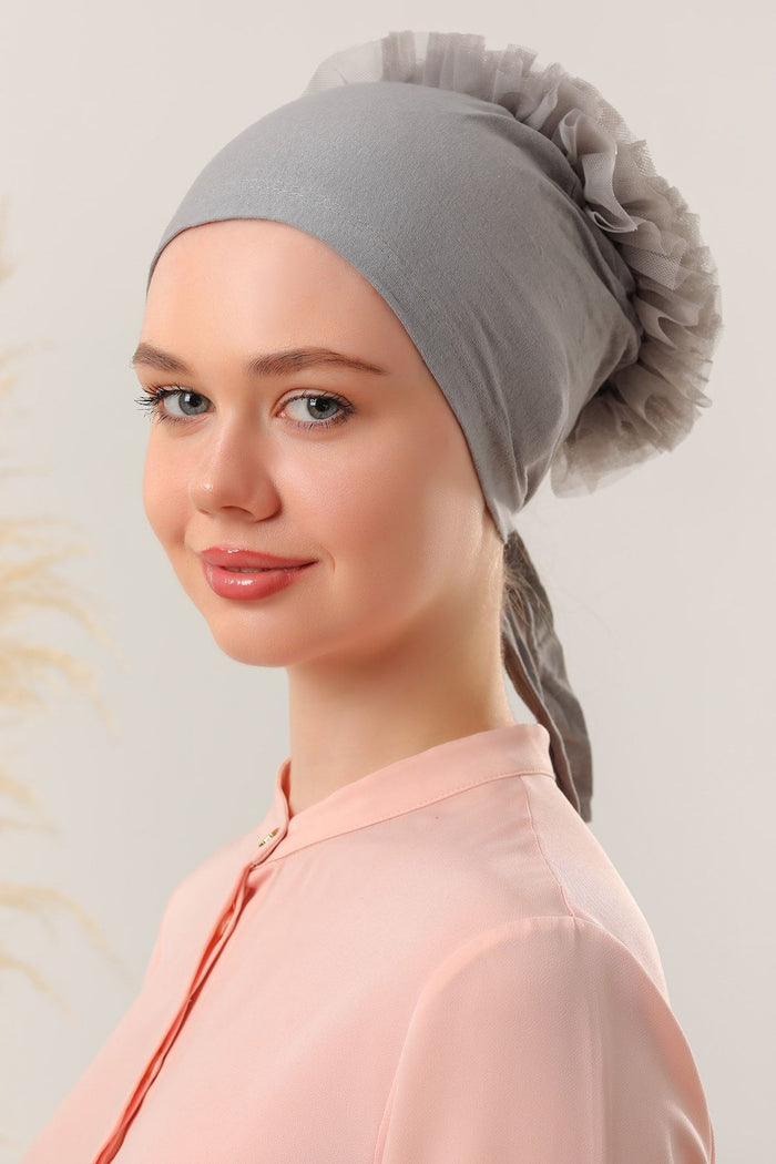 Kadın Tesettür Fırfırlı Penye Bone Haki Gri - Indirimsepeti