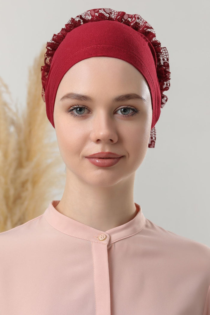 Kadın Tesettür Fırfırlı Penye Bone Haki Bordo - Indirimsepeti