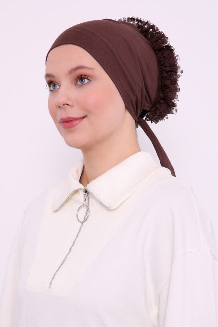 Kadın Tesettür Fırfırlı Dikişli Penye Bone Kahverengi - Indirimsepeti