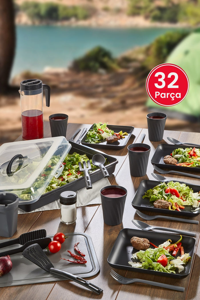32 Parça 6 Kişilik Çantalı Piknik Seti Antrasit Gri Börek Taşıma Kabı ile birlikte - Indirimsepeti