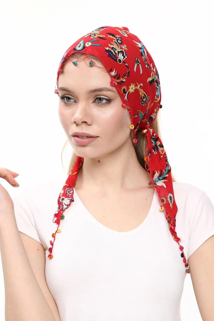 Fular Çiçek Desenli Pamuklu Kumaş Boncuklu Saç Bandı Saç Aksesuar Kırmızı - Indirimsepeti