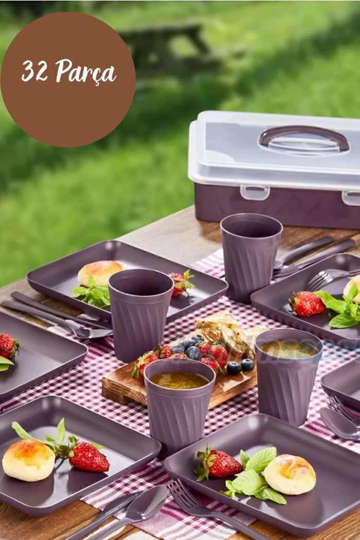 6 kişilik Mürdüm Piknik Seti Pasta Börek Taşıma Kabı ile birlikte 32 Parça - Indirimsepeti