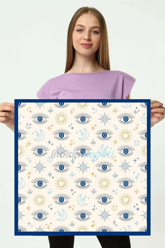 Saten Kumaş ipeksi Bandana Fular Nazar Mavi Krem Göz Evil Eye Blue Eye - Indirimsepeti