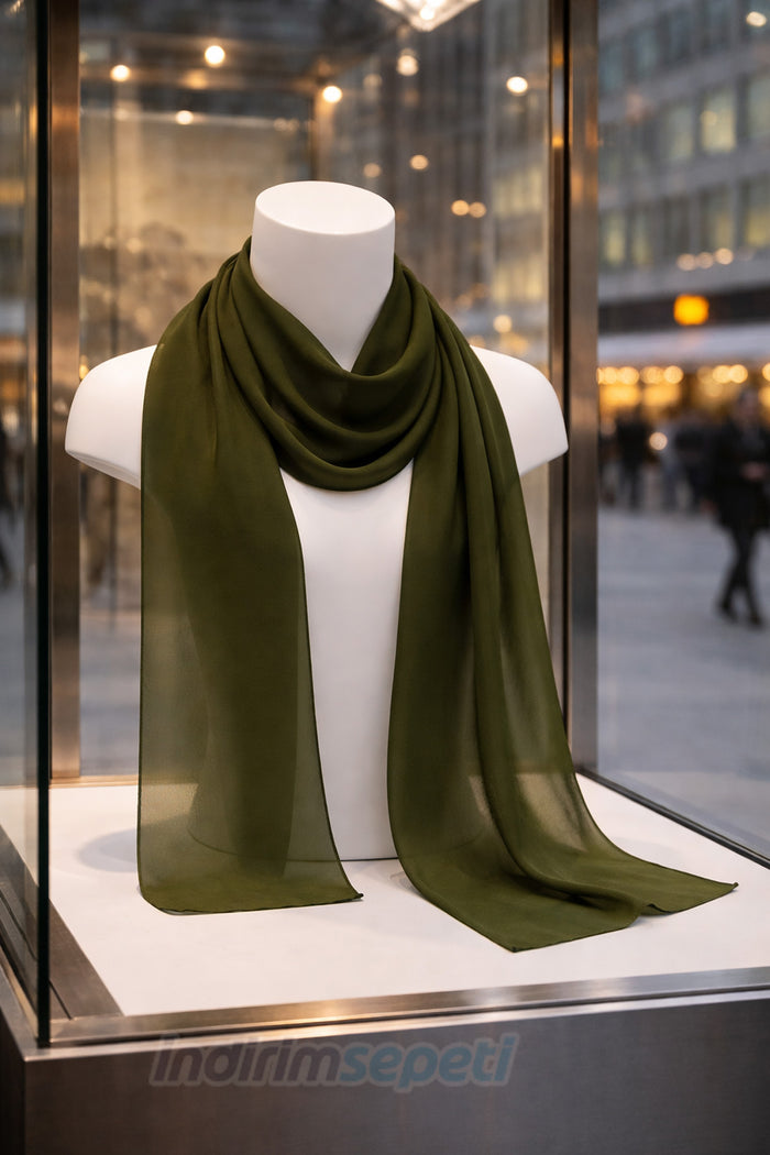 Haki Şifon Fular 122x22 cm – Hafif, Zarif ve Çok Yönlü Kadın Boyun Aksesuarı