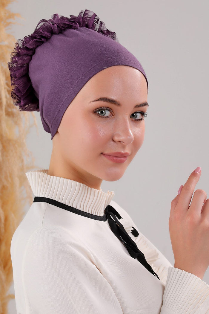 Kadın Tesettür Fırfırlı Penye Bone Haki Mor - Indirimsepeti