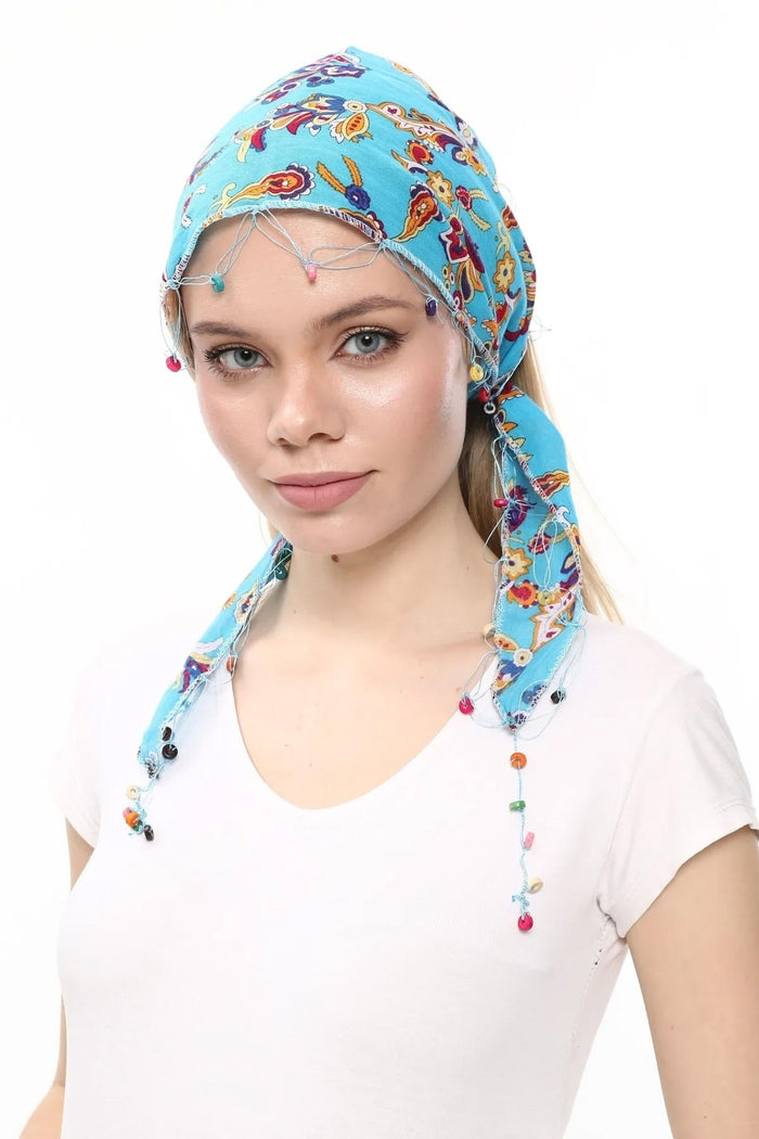 Fular Çiçek Desenli Pamuklu Kumaş Boncuklu Saç Bandı Saç Aksesuar Mavi - Indirimsepeti