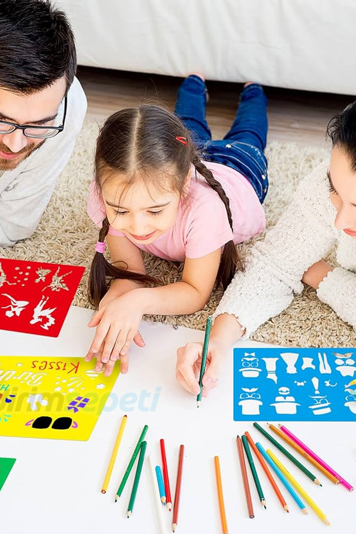 Plastik Boyama ve Şekil Cetveli +3 Adet Kalem Çizim Şablonu, Tekrar Kullanılabilir Çocuk Boyama Cetveli - Indirimsepeti