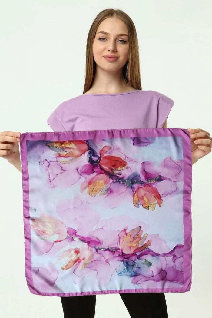 Fular Bandana Lila Çiçek Desenli Rayon Viskon Saten - Indirimsepeti