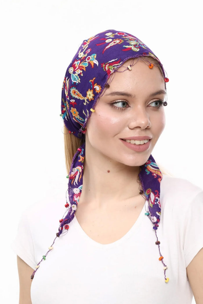 Fular Çiçek Desenli Pamuklu Kumaş Boncuklu Saç Bandı Saç Aksesuar Mor - Indirimsepeti