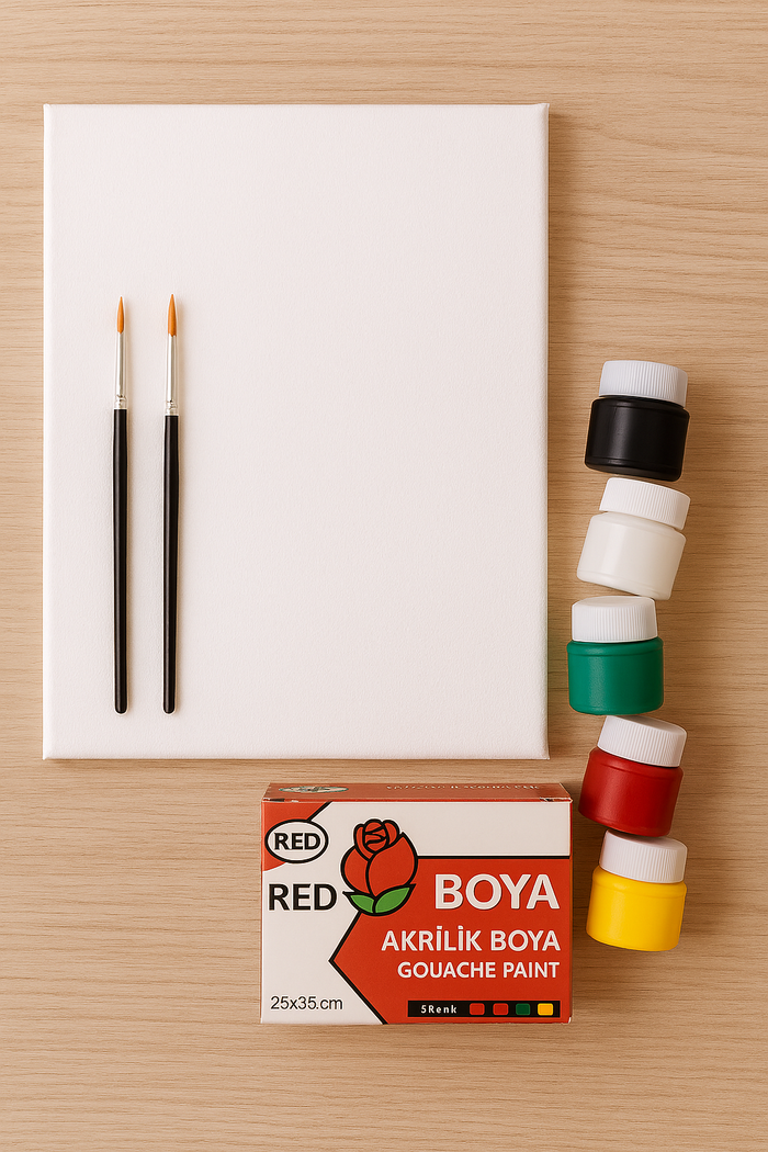 Resim Seti: 25x35 Tual, Tuval 6 Renk Guaj Boya, 2 No & 7 No Fırça