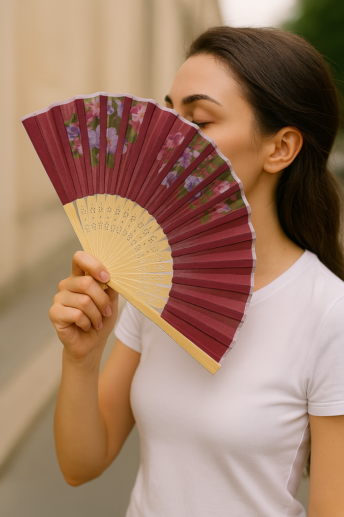 Ahşap Bambu Yelpaze 22cm Katlanabilir El Yelpazesi – Çiçek Desenli Taşınabilir - Indirimsepeti