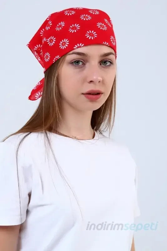 Bandana Fular Papatya Desenli %100 Pamuk Saç Aksesuar Kırmızı - Indirimsepeti
