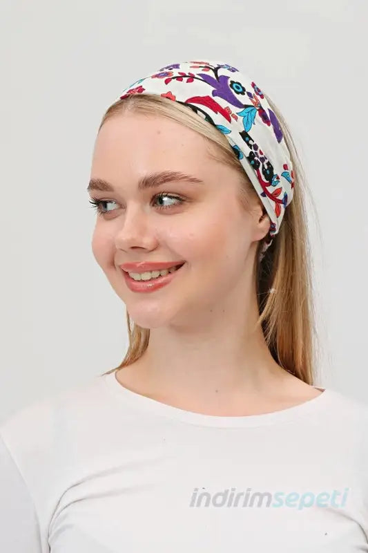 Boncuklu % 100 Pamuklu Kumaş Lastikli Bandana Saç Aksesuar Beyaz - Indirimsepeti