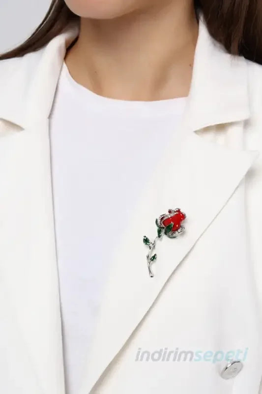 Broş Taşlı Kırmızı Gül Çiçek Özel Kutu - Indirimsepeti