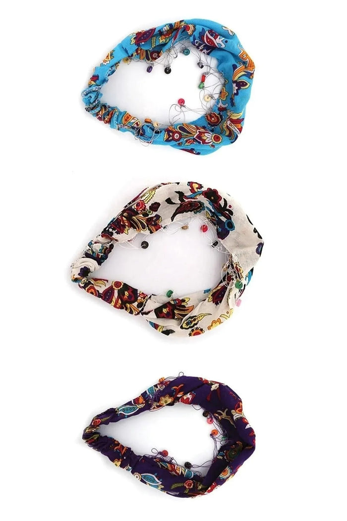 Saç Bant Çiçek Desenli Lastikli Boncuklu Mavi Beyaz Mor - Indirimsepeti