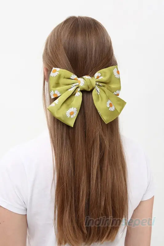 Kadın Papatya Lüx Saten Fiyonklu Otomatik Toka Yeşil - Indirimsepeti