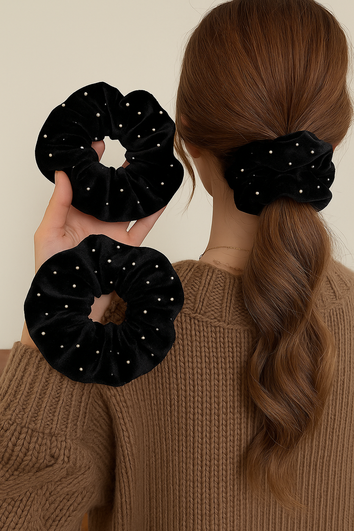 Taşlı Kadife Lastikli Saç Toka Büyük Boy Siyah 2 'li