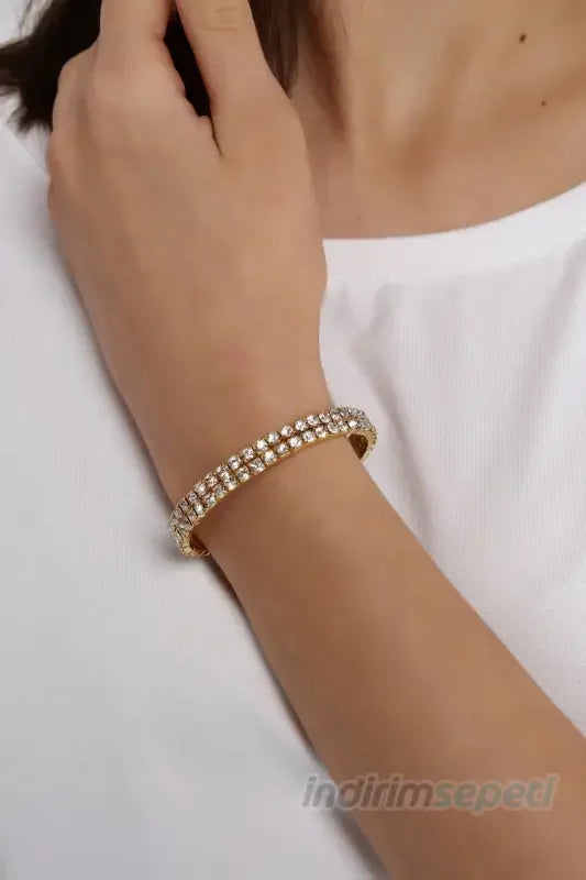 Su Yolu Kare Zirkon Taşlı Gold Renk Kaplama ikili Bileklik - Indirimsepeti