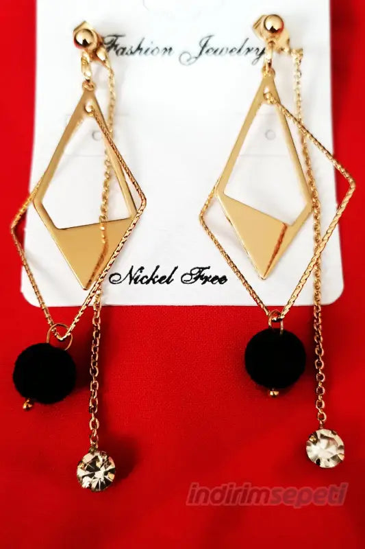 Zincir Küpe Tek Taş Baklava Figürlü Siyah Ponponlu 2'li Set 11 cm - Indirimsepeti