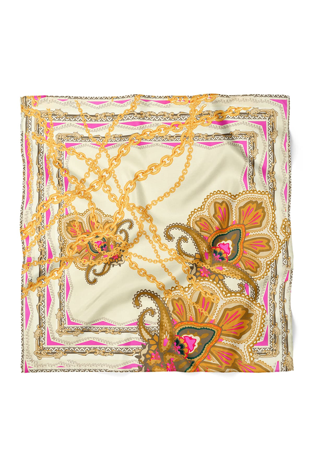 Zincir ve Etnik Desenli Fular Bandana 50x50 cm – Modern Desen Kare Fular