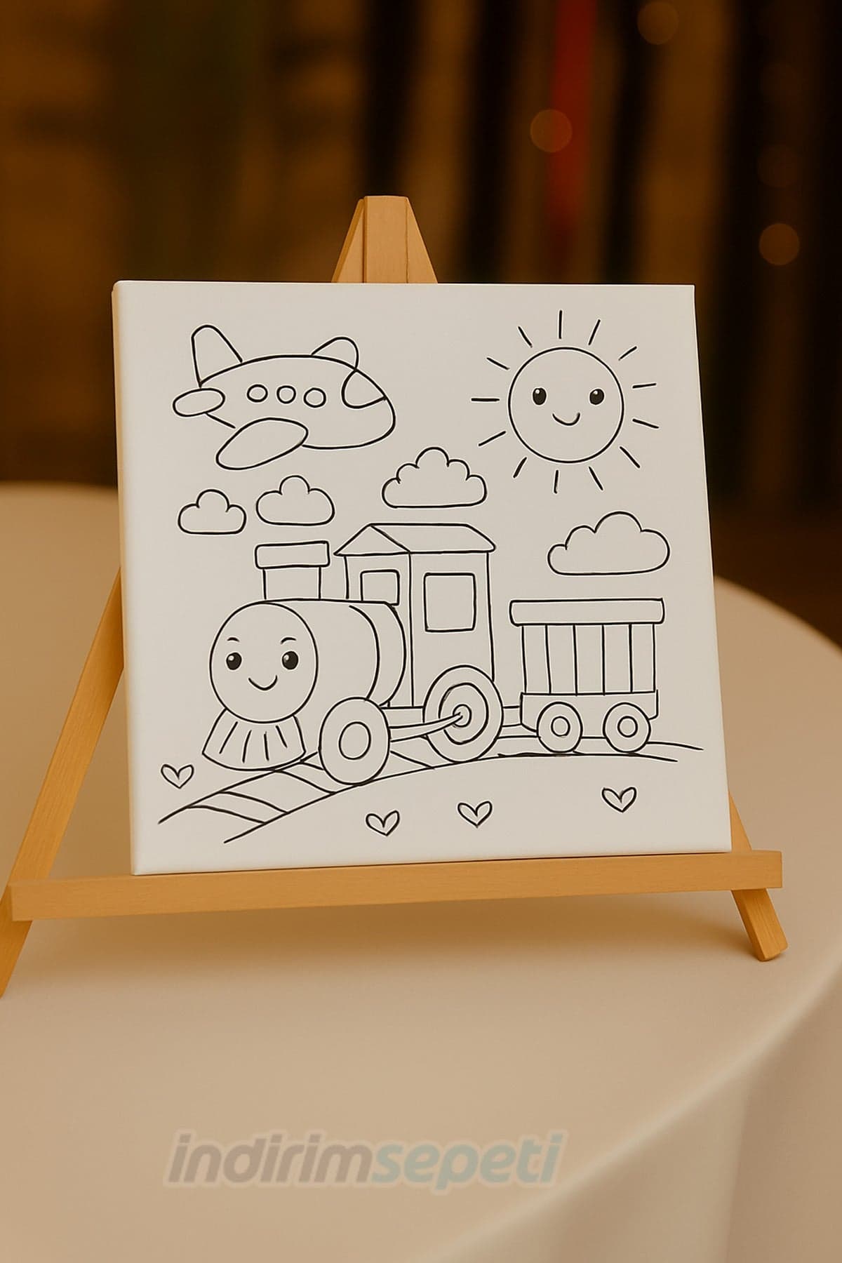 Ahşap Şövale ve 20x20 Çizimli Boyama Tuvali Seti – Çocuk Sanat Etkinliği ve Dekor Sunum Standı