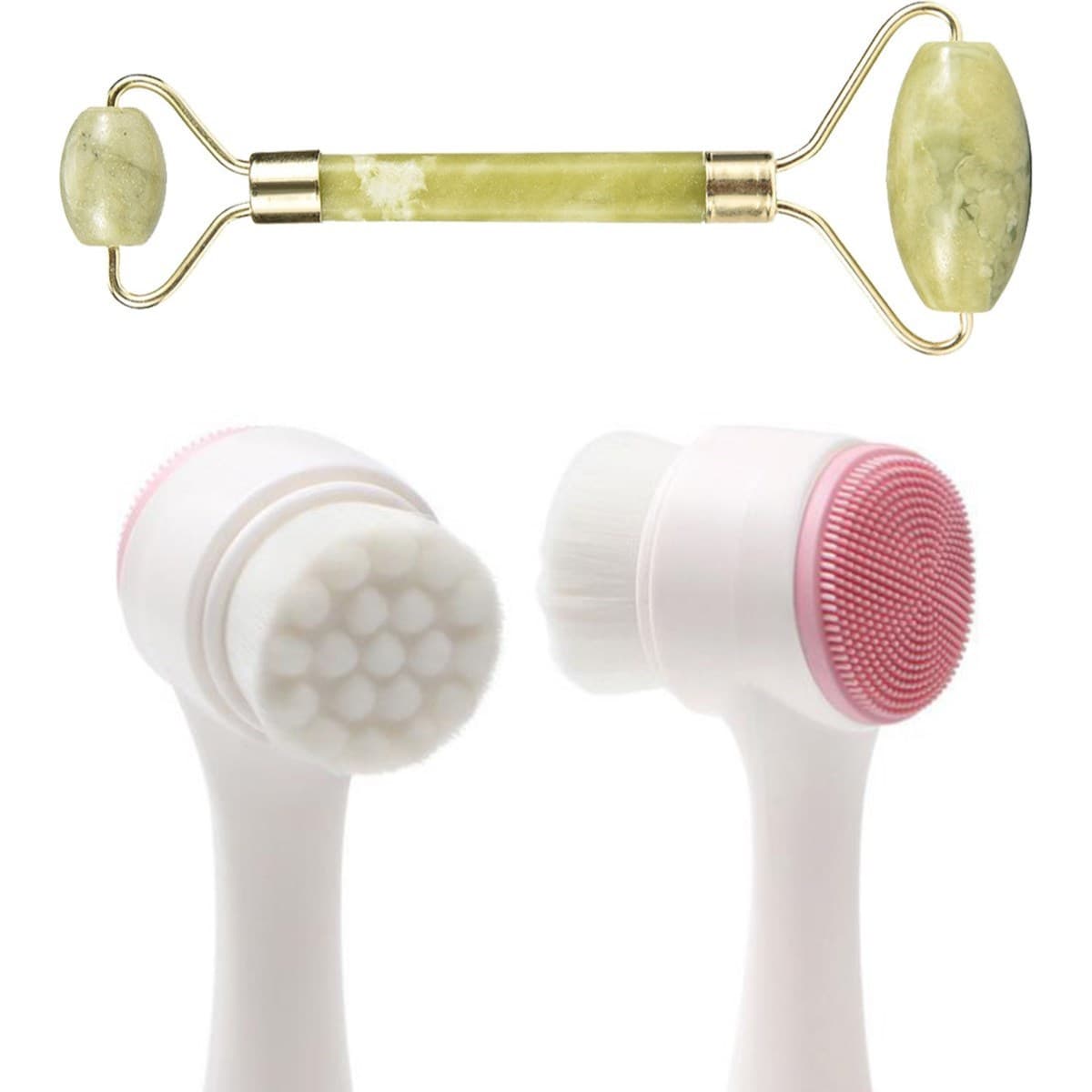 TrdStore® 2'li Set Çift Taraflı Cilt Temizleme Fırçası ve Yeşim Taşı Çift Taraflı Cilt Masaj Aleti - Görsel 2