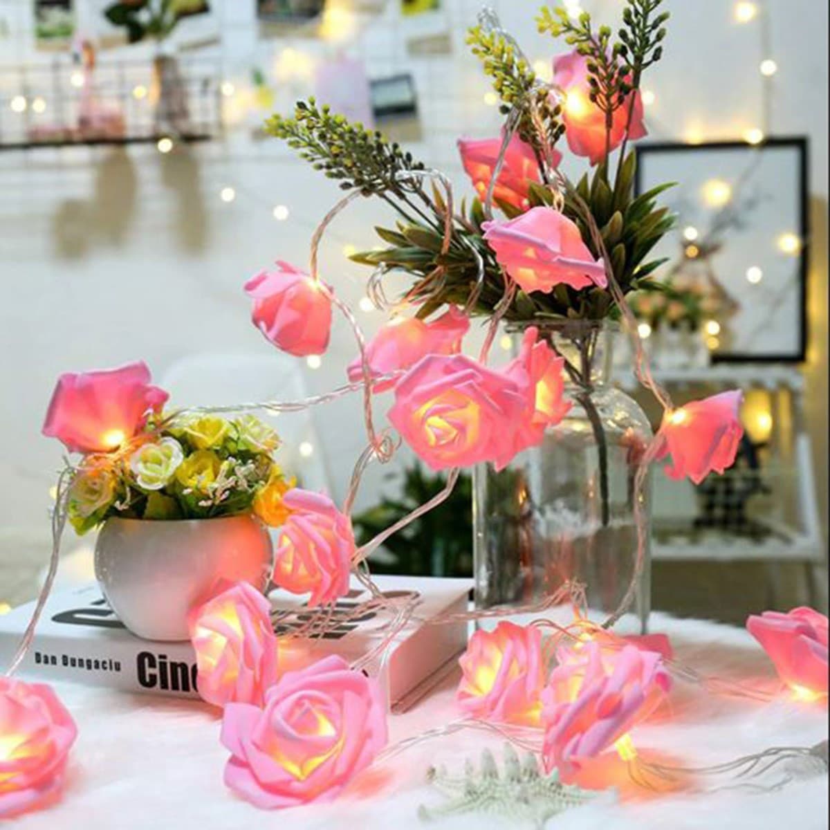 TrdStore® Yapay Gül Tasarımlı Dekoratif Led Işık Gül Detaylı Led Işık Pilli (20 Gül)