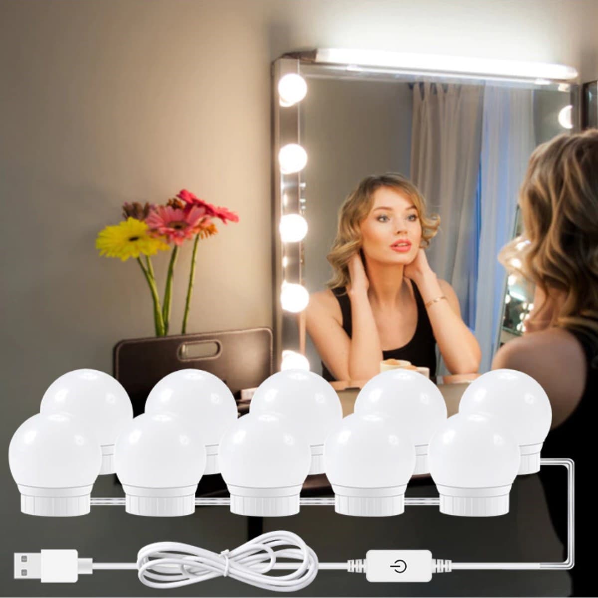 TrdStore® Nostalji Hollywood Tarzı 10'lu Makyaj Masası Aynası Beyaz Led Işıklı Lamba USB - Görsel 2
