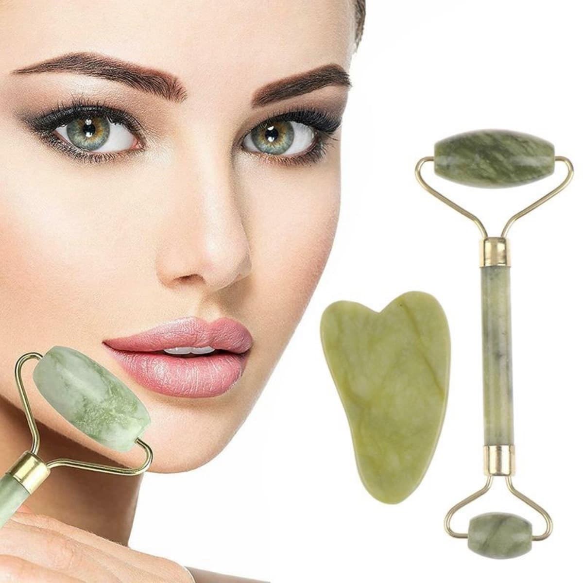 TrdStore® Çift Taraflı 2'li Cilt Yüz Masaj Aleti Jade Roller Yeşim Taşı Seti