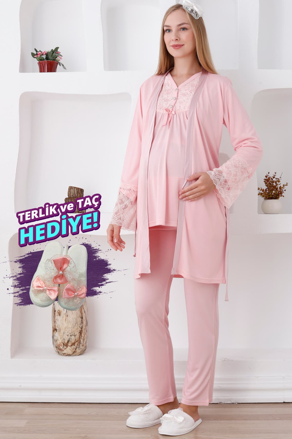 Uzun Kol ve Düğmeli Lohusa Pijama Takımı/3lü Hamile Pijama ve Sabahlıklı Takım