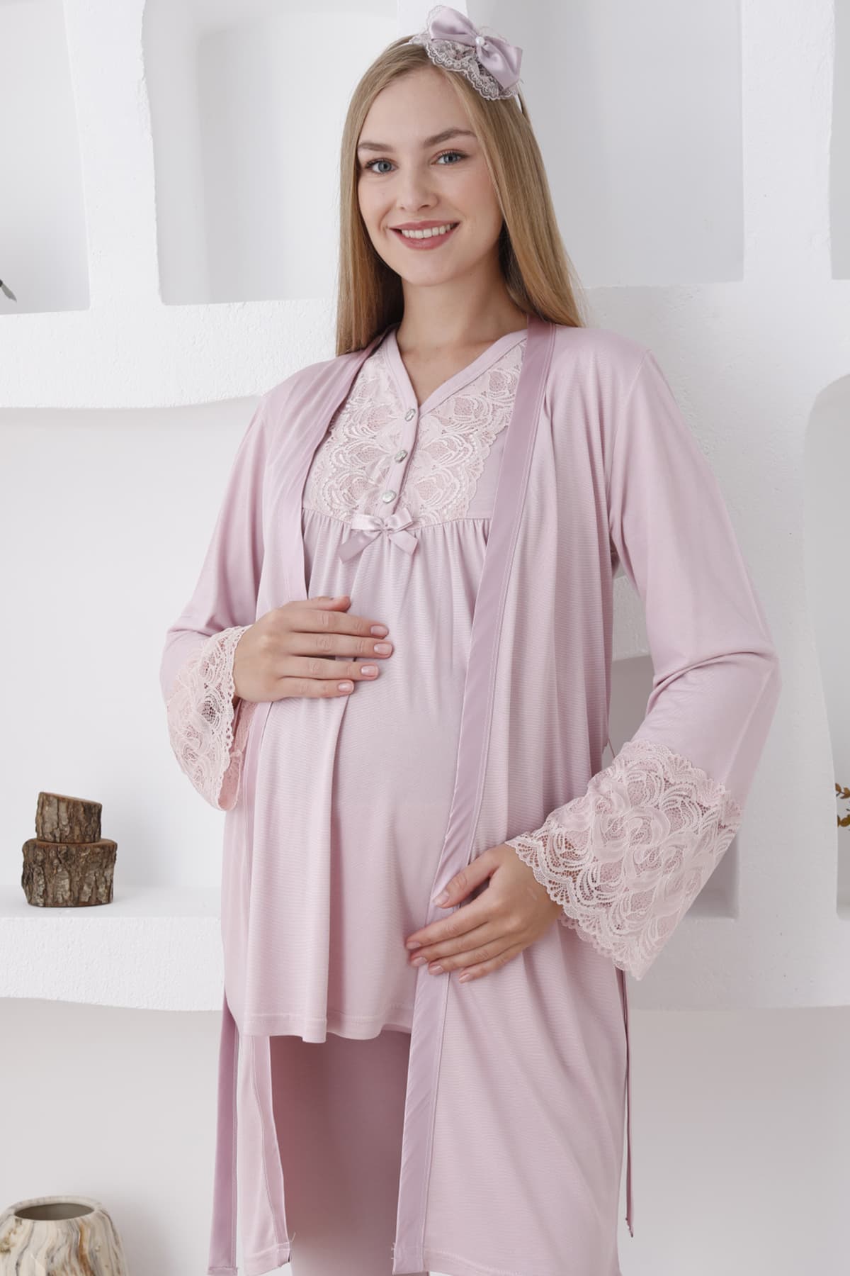 Uzun Kol ve Düğmeli Lohusa Pijama Takımı/3lü Hamile Pijama ve Sabahlıklı Takım/Terlik ve Taç Hediye - Detay