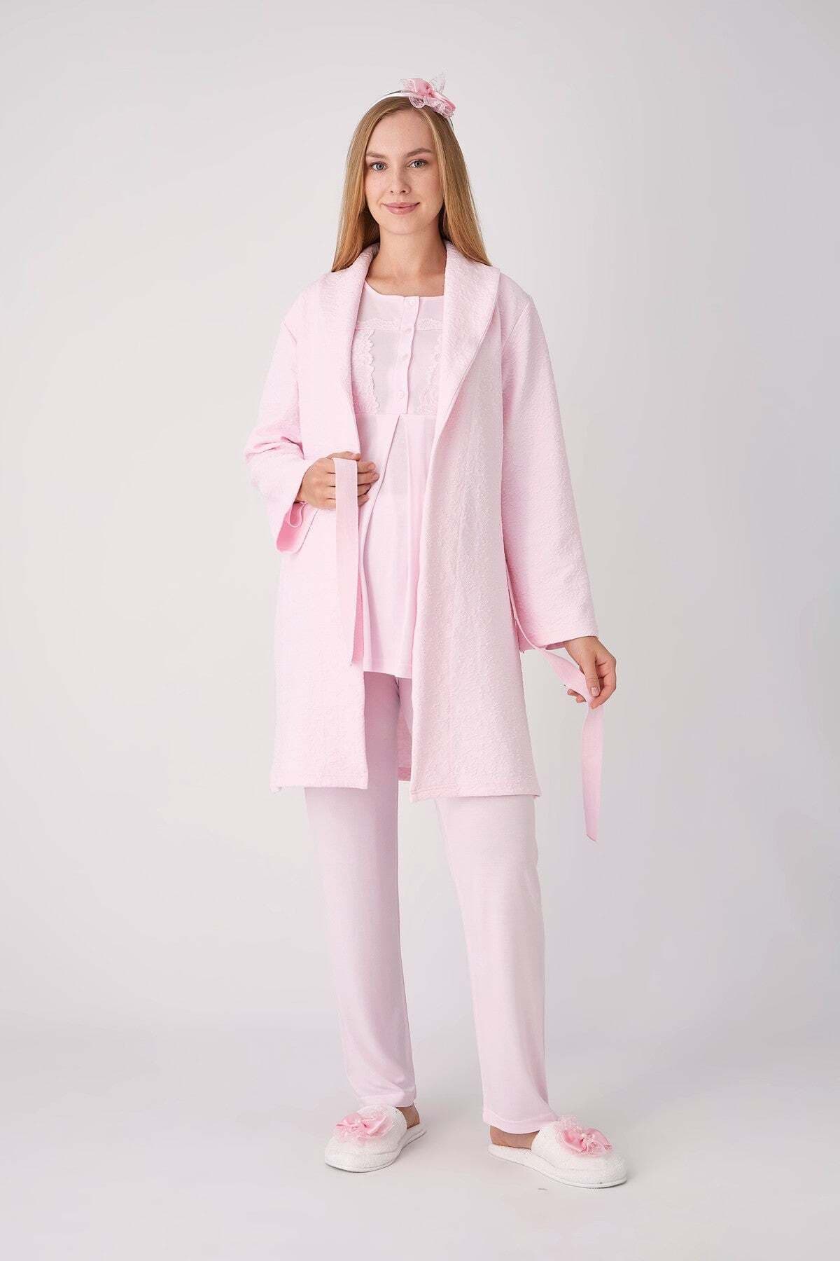 Hamile Lohusa Pijama Sabahlık Takımı Set Dantel Panelli Düğmeli Emzirmeli Jakarlı