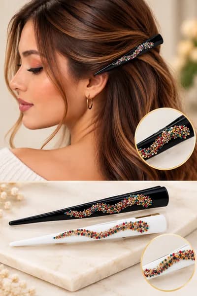 Metal Siyah Pens Saç Toka Klip Saç Tokası Renkli Taşlı Büyük Boy 12 cm - Detay