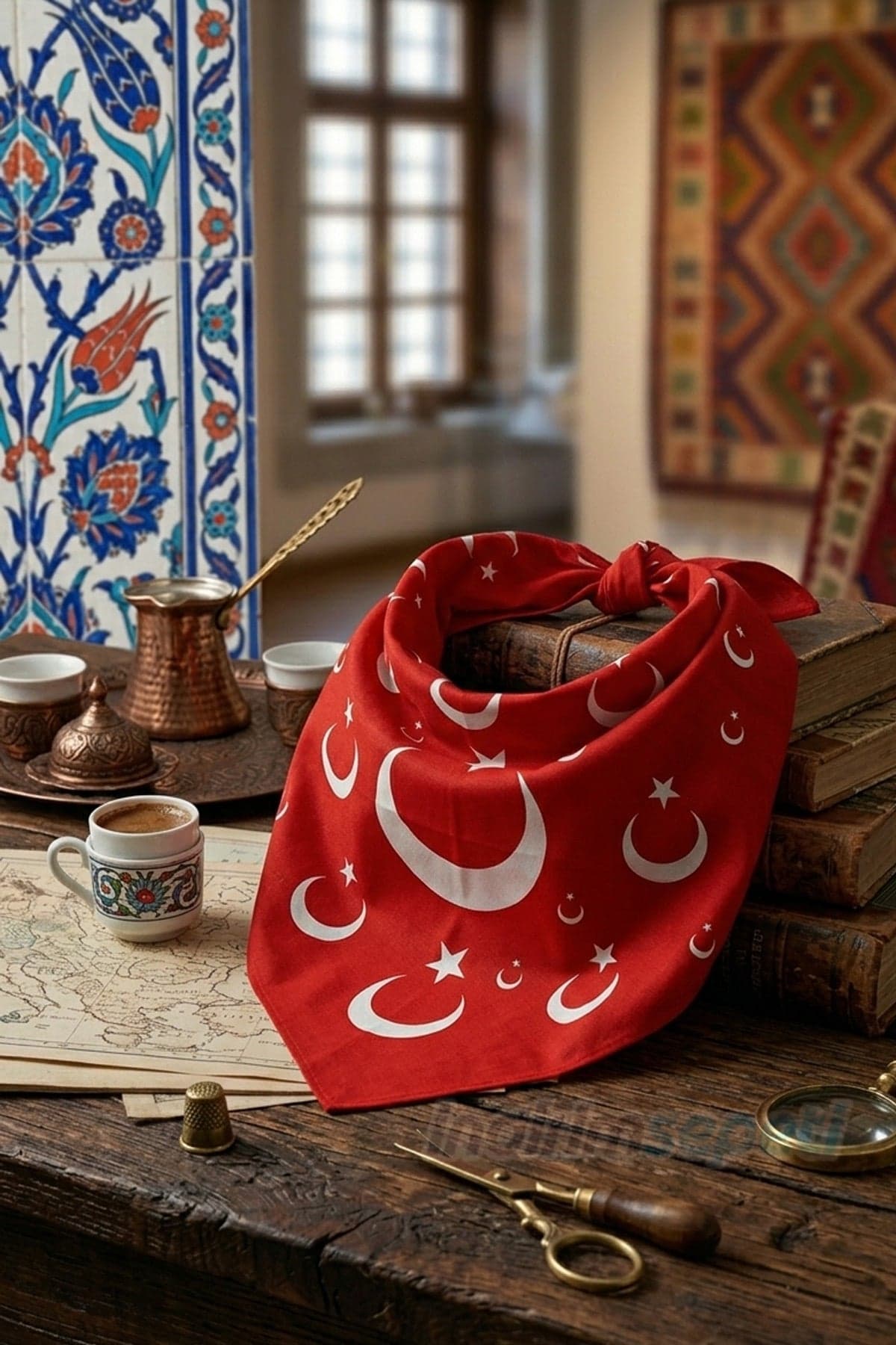 Türk Bayrağı Temalı Pamuk Bandana Fular Kırmızı 52x52 cm - Detay