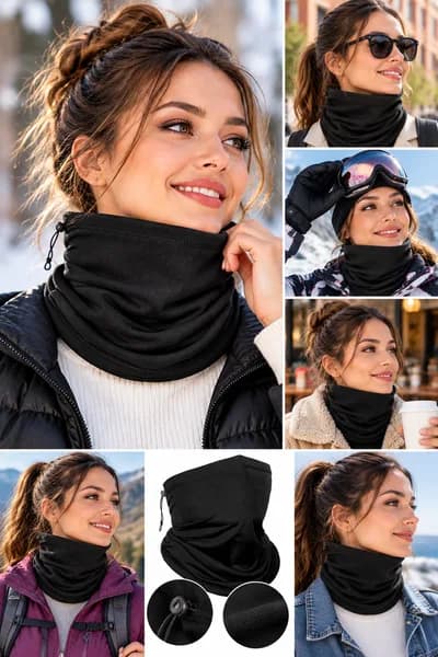 Siyah Termal Polar Soğuk Geçirmez Boyunluk Unisex Pamuklu Kışlık Ayarlanabilir İpli Bere