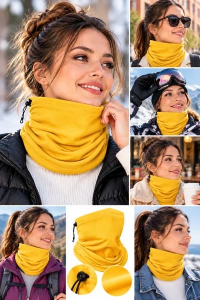 Sarı Termal Polar Soğuk Geçirmez Boyunluk Unisex Pamuklu Kışlık Ayarlanabilir İpli Bere