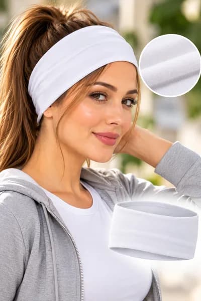 Beyaz Pamuklu Geniş Saç Bandı 9 cm – Elastik, Yumuşak Yoga ve Spor Bandanası
