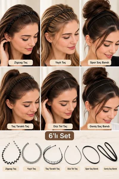 Siyah Metal Saç Tacı ve Sporcu Saç Bandı 6'lı Unisex Set - Detay